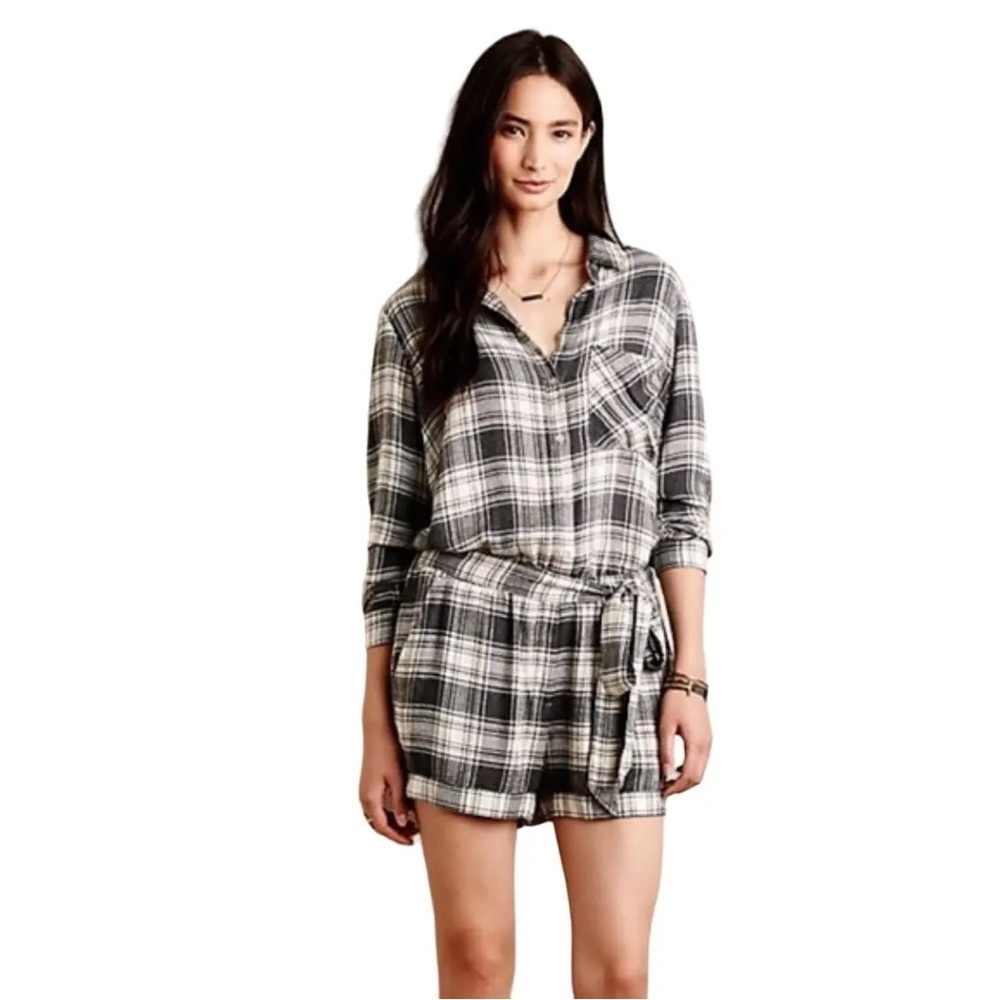 Anthropologie Cloth & Stone Plaid Long Sleeve Romper XS NWT